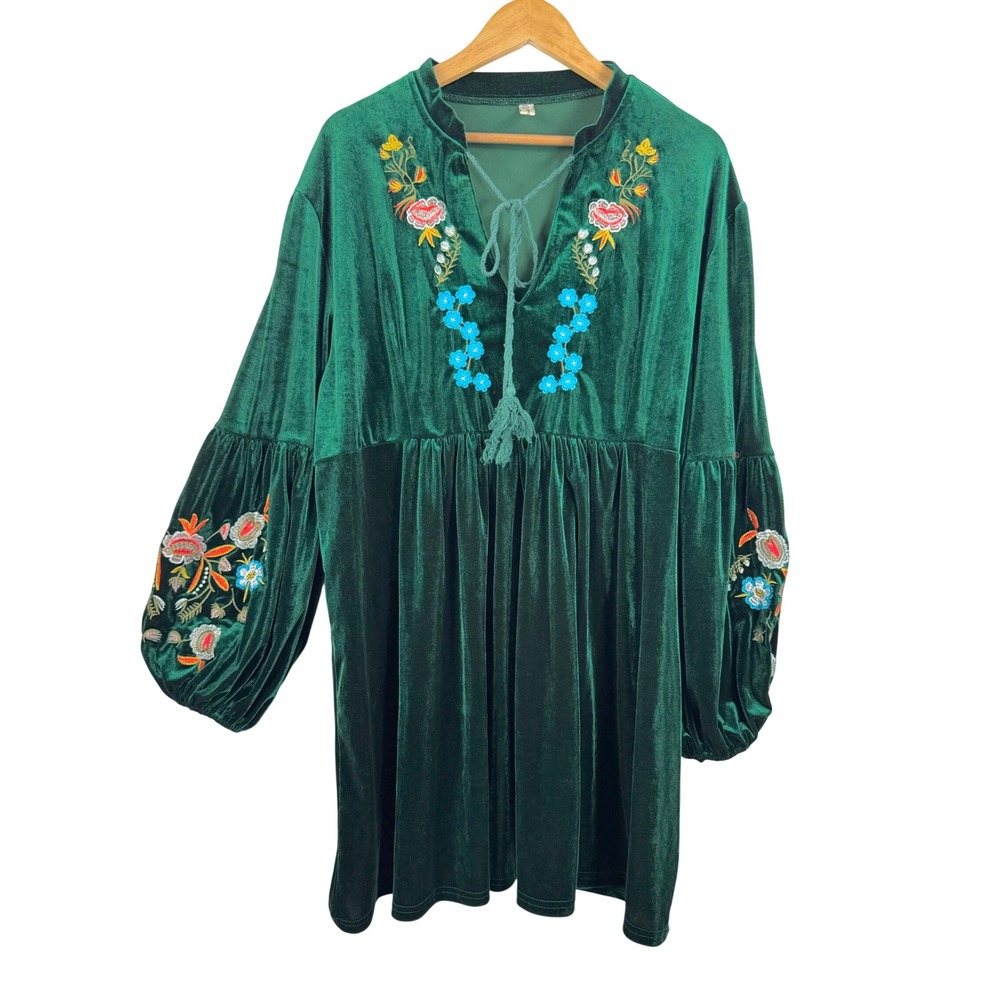 Roiii Velvet Embroidered Mini Dress 4XL Green Boho Balloon Sleeve whimsigoth